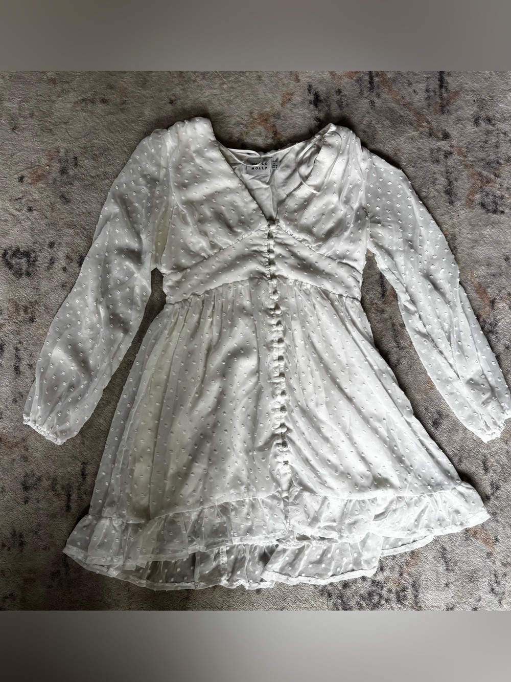 Hello Molly White Long Sleeve Ruffle and Polka Dot Dress - M